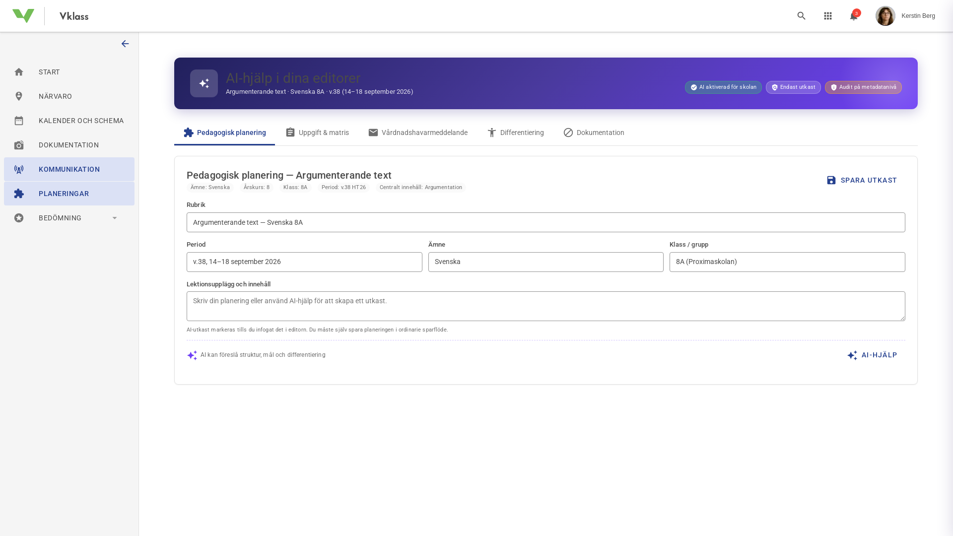 AI funktionalitet i Vklass för lärare och personal screenshot