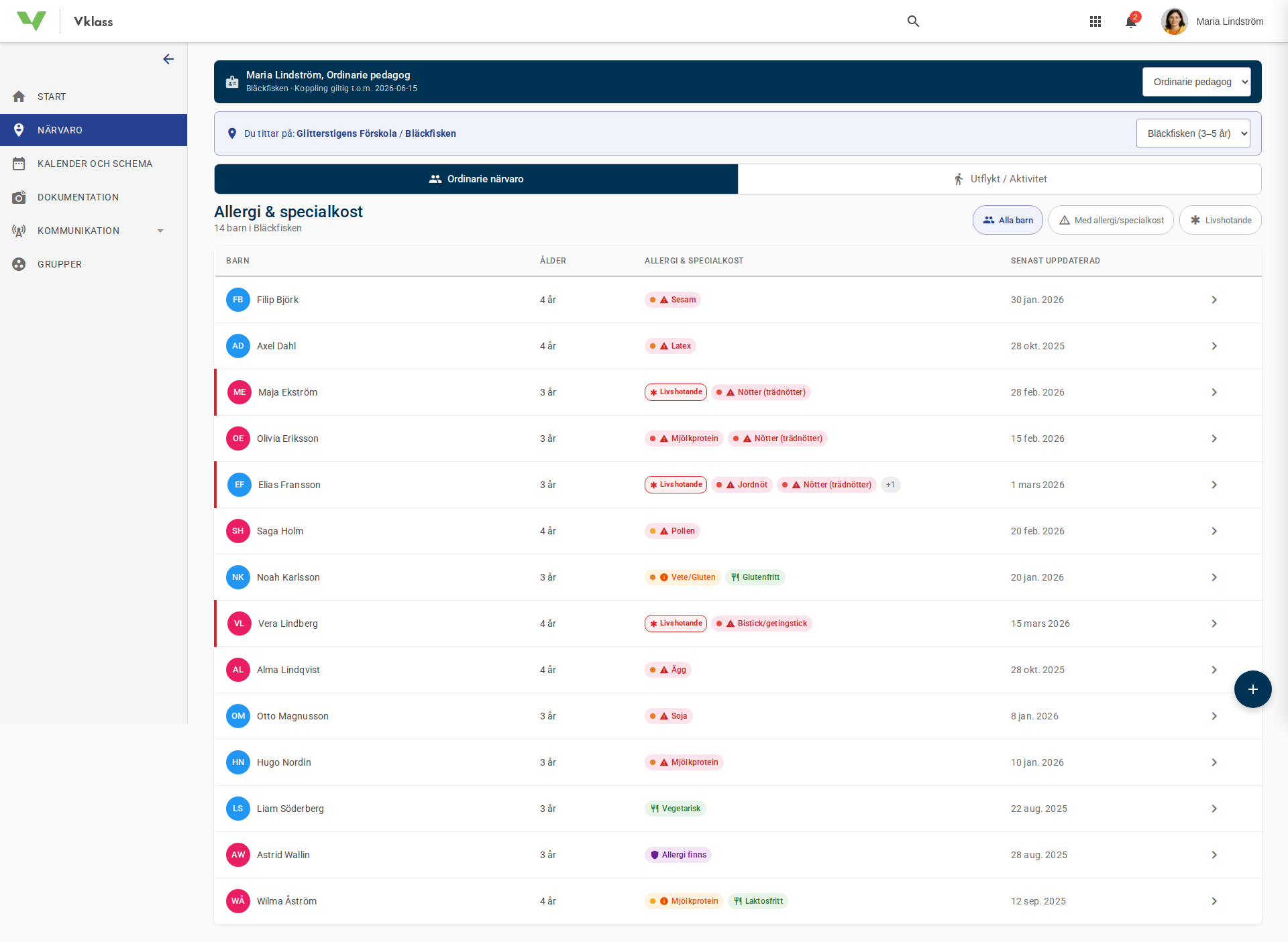 Allergi information pa barn tillganglig for pedagoger screenshot