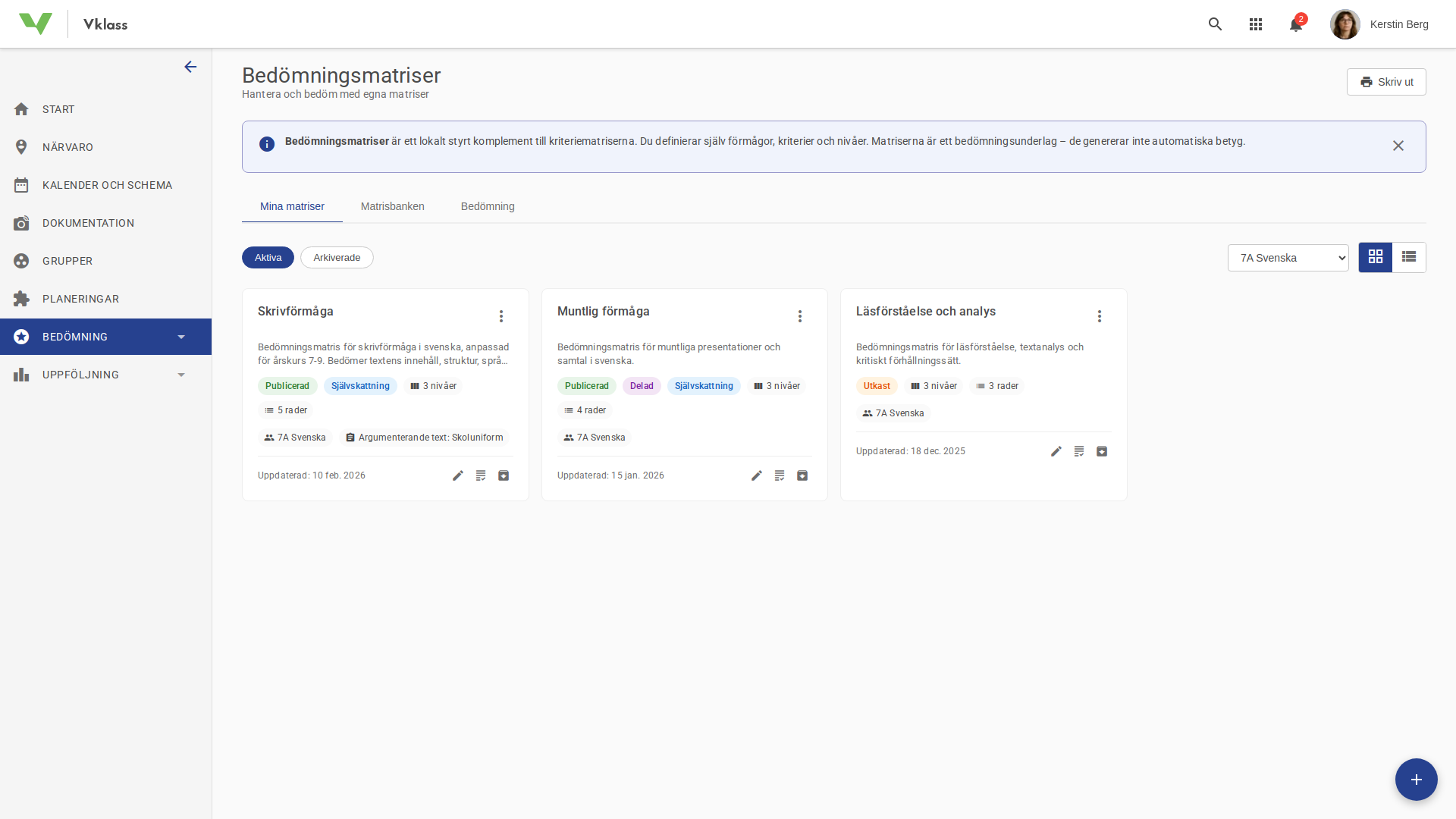 Bedomningsmatris screenshot