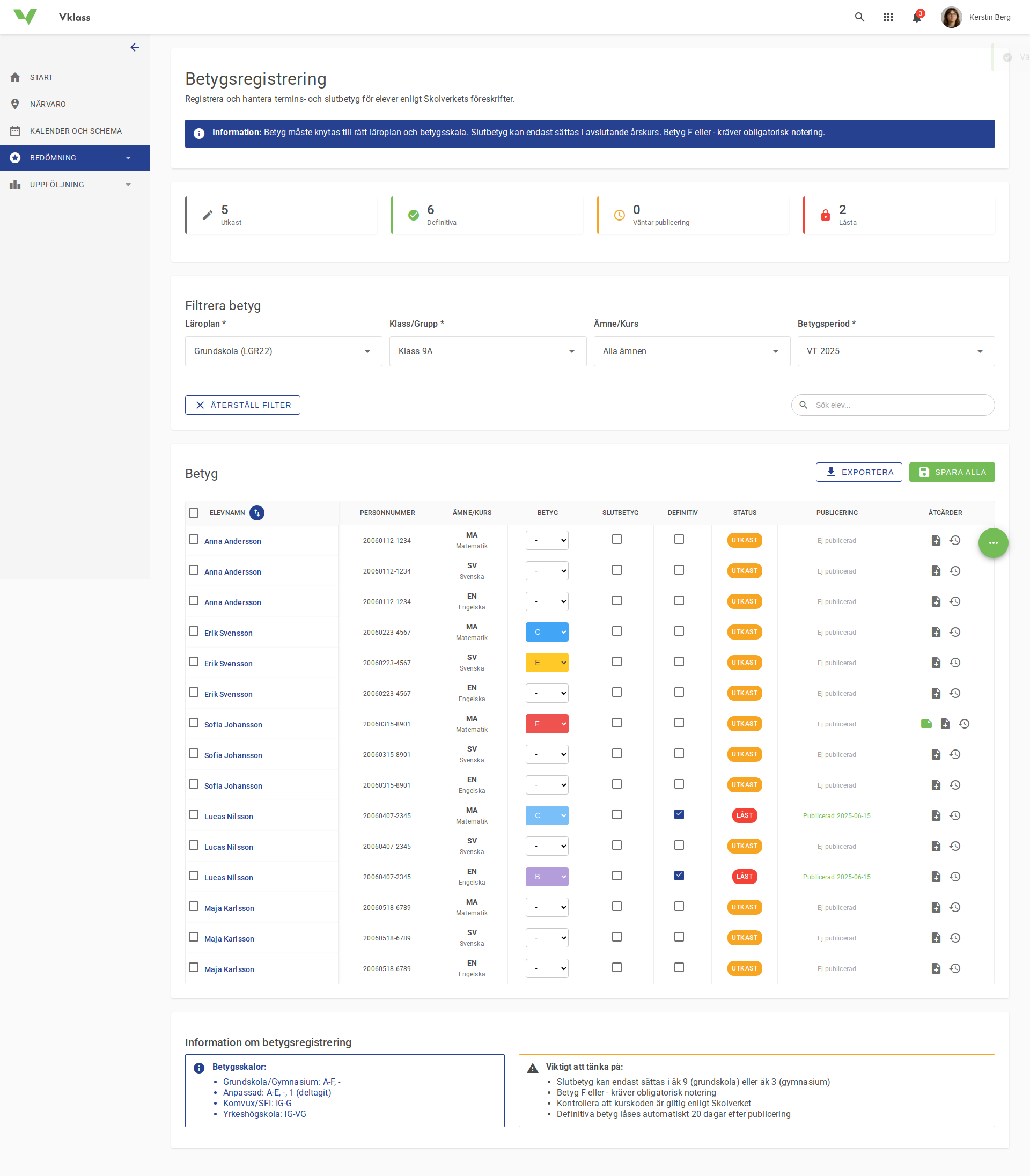 Betygsregistrering screenshot