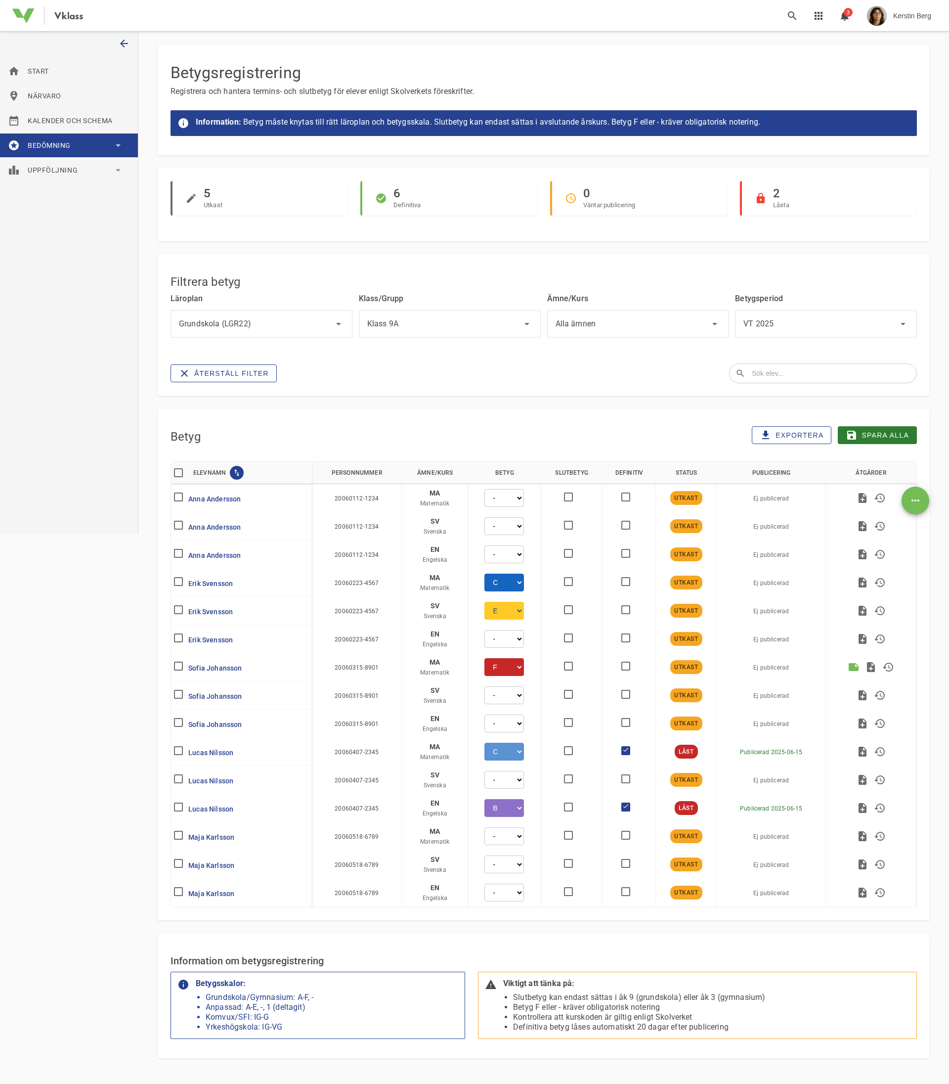 Betygsregistrering screenshot